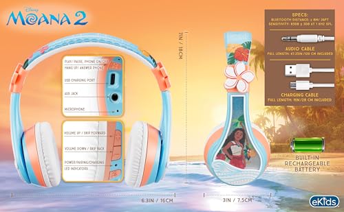 Image of Disney Moana 2 Bluetooth Headphones for Kids Wireless Headphones for School | Volume Reduced and Built-in Microphone