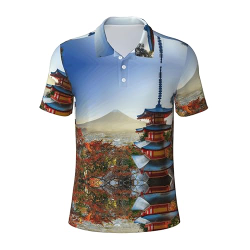 yagDAA Japan Mount Fuji Landscape Print Men's Polo Shirts Short Sleeve Polos for Men Breathable Golf Sports Gym Workout T Shirts Black