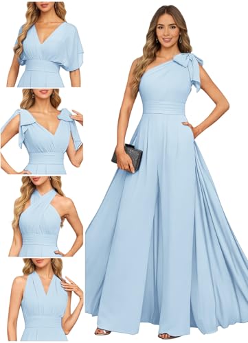 Mkojaa Women's Infinity Convertible Jumpsuit with Overlay Dress Flowy Chiffon Wide Leg Romper Light Blue One Shoulder Mother of Bride Jumpsuit Light Blue US10