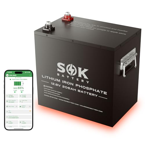 SOK 12V 206Ah LiFePO4 Battery, 8000+ Deep Cycle Smart BMS, 170A Max Continuous Discharge & 70A Max Charge, Built-in Heater & Bluetooth, Metal Case for RV, Solar, Camper, Trailer, Off Grid