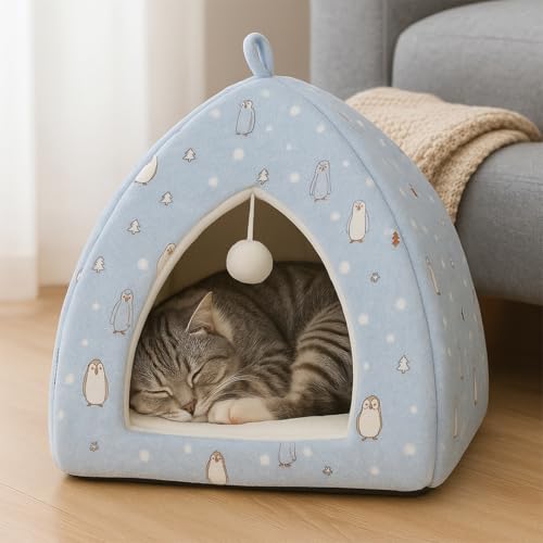 Image of PETS EMPIRE Warm Hut for Cats & Kittens | with Removable Cushions | Bed for Puppies Soft & Comfortable Hut for Cats & Kitties | Kennel House for Pets SkyBlue Colour (Size: 46 x 46 x 36 cm)