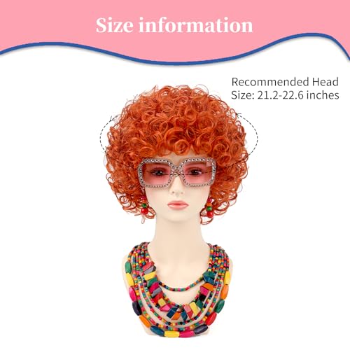 Image of Women Roper Curly Orange Red Cosplay Wig with Necklace Earrings and Sunglasses for Women Hallween Costume Wig