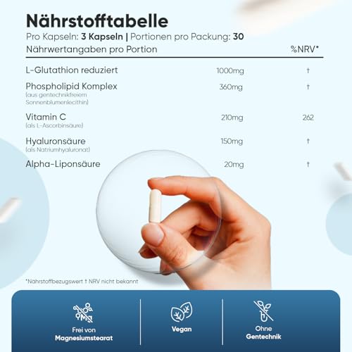 Liposomales L Glutathion Komplex (Reduziert) - 1000 mg Glutathione pro Portion - Mit Vitamin C, Hyaluron, Phospholipidkomplex & Alpha Liponsäure (ALA) - 90 Kapseln - 1 Monat Vorrat - WeightWorld