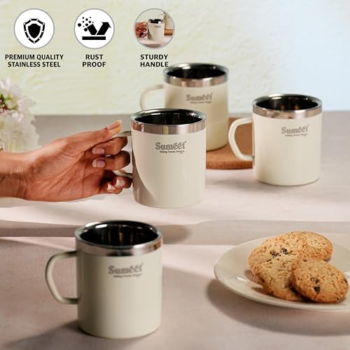 Image of Sumeet Stainless Steel Coloured Double Wall Tea /Milk /Coffee Mug Set of 4Pc - 300ml - Ivory