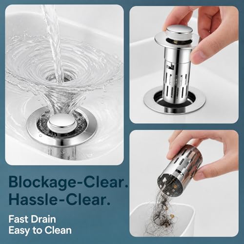 Image of Stainless Steel Bathroom Sink Stopper - Universal Pop-up Drain Stopper with Hair Catcher, Anti-Clog Sink Drain Strainer for Bathroom, Kitchen, RV
