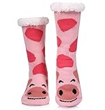LINEMIN Womens Winter Slipper Socks With Grippers Cozy Warm Cute Fuzzy Slipper Socks (Pig-pink)