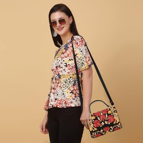 Image of Floral Embroidered Crossbody Sling Bag with Top Handle, Vintage Style Canvas for Women