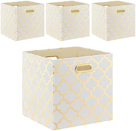 Fboxac Cube Storage Bins 13×13 Fabric Foldable Box with Handles, Collapsible Organization Basket Set of 4 Large Capacity Drawer for Closet Shelf Cabinet Bookcase Bedroom, Halloween Lantern White Gold