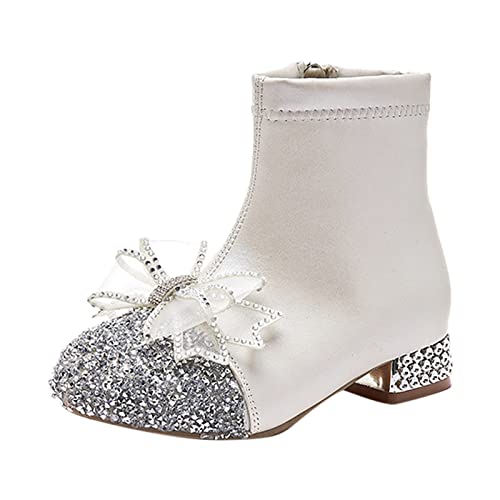 Leather Shoes for Girls Glitter Ankle Boots Kids Low Heel Dress Booties Fashion Side Zipper Short Girls Easter Sandals (Silver, 6-7 Years)