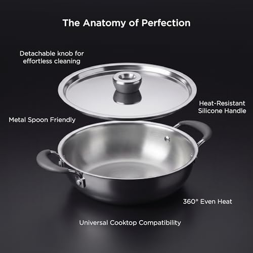 Image of Meyer Trivantage Pro Stainless Steel Triply Kadai | Steel Kadhai with Lid | Stainless Steel Cookware with Induction Base | 22cm /2.0L