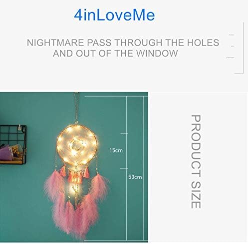 4inloveme Pure Handmade Dream Catcher with Light Beautiful Moon Star Native American Dream Catchers Authentic Dreamcatchers Home Wall Hanging Decoration Wedding Decoration Craft (Pink +Light)