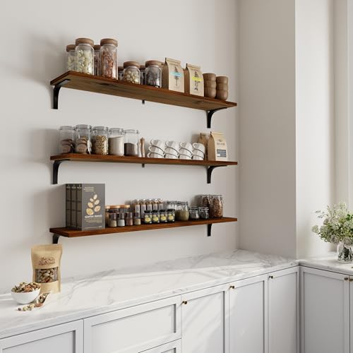 Image of 12 Inch Deep Floating Shelves Set of 3, 48 Inch Extra Wide Rustic Walnut Solid Wood Wall Shelves, 4ft Heavy Duty Farmhouse Wall Mounted Shelving for Kitchen, Living Room & Bedroom