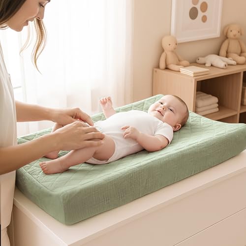 Image of Konssy Waterproof Muslin Changing Pad Cover 2 Pack, Quilted Cotton Fitted Diaper Changing Table Cover, Soft Changing Pad Sheets for Girls Boys (Woodland, Sage)