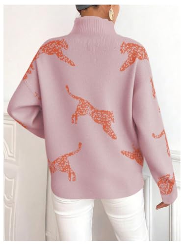 Image of WDIRARA Women's Leopard Tiger Print Sweater High Neck Long Sleeve Fuzzy Knitted Pullover Top