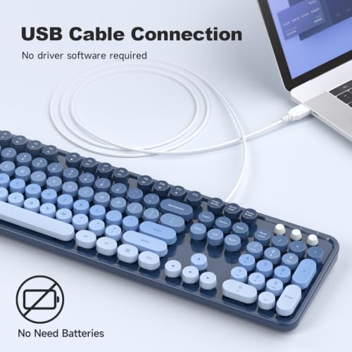 Image of MOWUX Computer Keyboard Wired, Plug and Play USB Retro Round Typewriter Keyboard, Full Size Wired Keyboard with Foldable Stands for Laptop and Office PC- Sea Blue Gradient