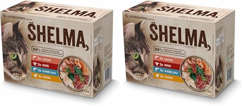 Shelma Katzen-Nassfutter Fleisch und Fisch Multipack mit den Sorten Rind, Lachs, Huhn und Kabeljau – Getreidefreies Alleinfuttermittel mit hohem Fleischanteil – 12 x 85 g (1,02 kg) (Packung mit 2)