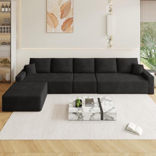 Image of Oversized Modular Sectional Sofa Couch, Large 6 Seater Corner Sofa Modern L Shaped Sectional Couch with Ottoman Cloud Couches for Living Room, Office, Spacious Space, Corduroy, No Assembly, Black