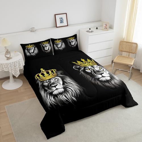 Image of Feelyou Kids Lion King & Queen Comforter Full Size, Gold Crown Comforter Set for Man Woman African Safari Animal Bedding Set Wild Lion Couple Duvet Set Microfiber Bed Set