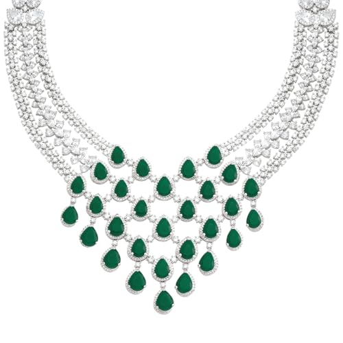 Image of KUSHAL'S Fashion Jewellery Green Rodium Polished Zircon Necklace Set With Adjustable Chain & Push Back Earrings| Best For Bride, Bridemaids & Special Occasion | Necklace set For Women - 434757