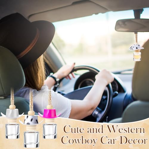 Image of 3 Pieces Cowboy Hat Air Freshener Hanging Cow Diffuser Bottles Western Country Refillable Empty Glass Perfume Bottle Car Interior Rear View Mirror Accessories(White, Spots, Pink,Cow)