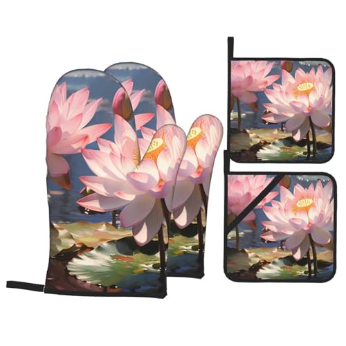 Juego de 4 piezas de diseño de flor de loto HHGFASD Splendid con forro suave y aislamiento grueso para cocinar en la cocina y barbacoa al aire libre