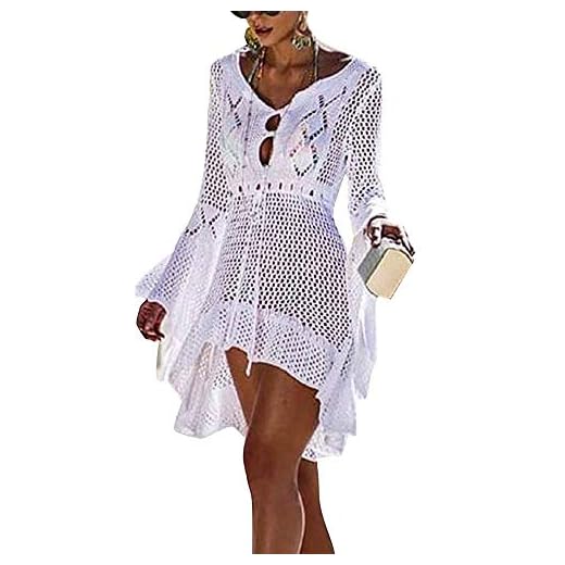Mujer Pareos Playa Traje de Baño Verano Vestido de Playa Sexy Bikini Cover up Camisola de Playa Túnica de Punto (Tamaño Libre, A_Blanco)