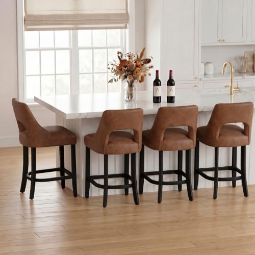Image of UVV Bar Stools Set of 4, Modern Upholstered Counter Height Bar Stools, Faux Leather Counter Stools BarStools with Wood Legs for Kitchen Island Dining Room Bar, Brown