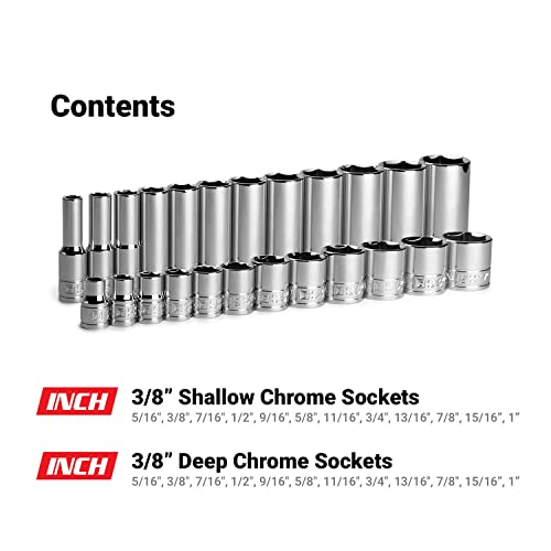 Image of Capri Tools 3 /8 in. Drive Shallow and Deep Chrome Socket Set, 6-Point, 5 /16 to 1 in, 24-Piece