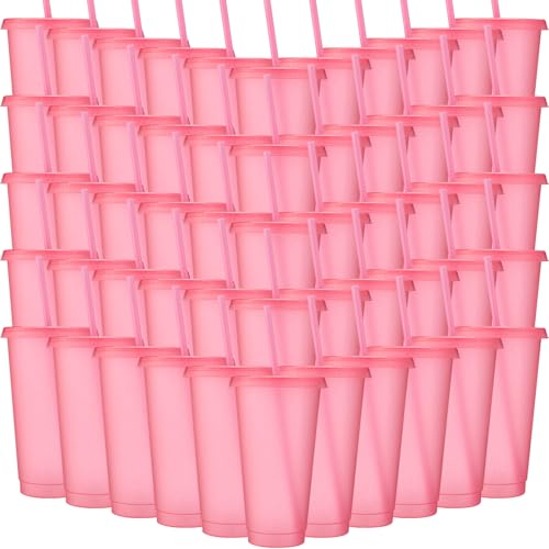 Honeydak 60 Pack Plastic Tumbler with Straw and Lid Bulk, Clear Pink