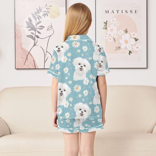 White Maltese Dogs Pattern Summer Satin Pajama Set, Cute Button-Down Sleepwear Pj Set for Sleep Wears4
