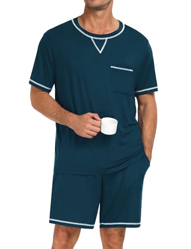 Image of SWOMOG Mens Pajamas Set Summer Sleepwear Short Sleeve Pjs Set Soft 2 Piece Lounge Set Comfy Loungewear with Pockets