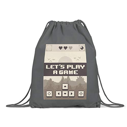 BLAK TEE Retro Let's Play a Game Pixel Illustration Organic Cotton Drawstring Gym Bag Grey