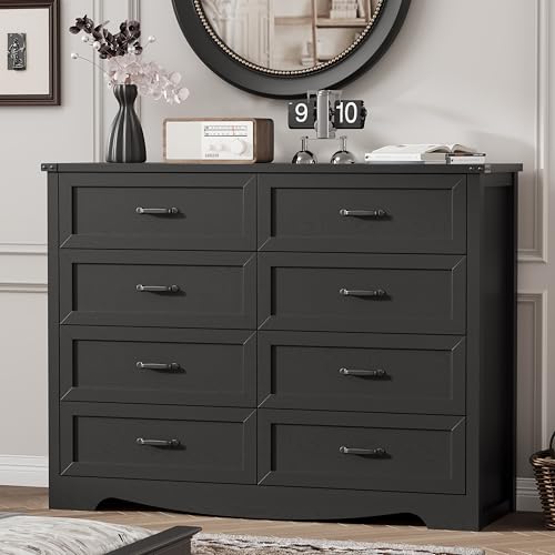 Dresser for Bedroom with 8 Drawers, 48 Wide Wood Chest of Drawers with Deep Drawers & Mental Handle, Modern Dresser TV Stand, Wooden Closet Storage Organizer for Living Room, Hallway, Entryway, Black