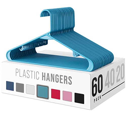 Plastic Clothes Hangers (20, 40, & 60 Packs) Heavy Duty Durable Coat and Clothes Hangers  Lightweight Space Saving Laundry Hangers (60 Pack - Blue)