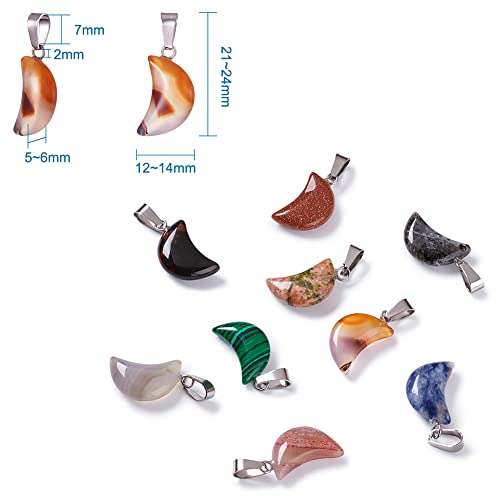 Fashewelry 50Pcs Crescent Moon Shaped Mixed Stone Pendants Healing Crystal Quartz Chakra Reiki Gemstone Charms For Necklace Jewelry Making Hole: 2X7Mm #TOP3
