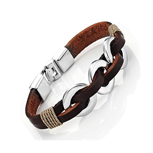 URBAN JEWELRY Chic Braided Brown Genuine Leather Bracelet with Stainless Steel Silver 8