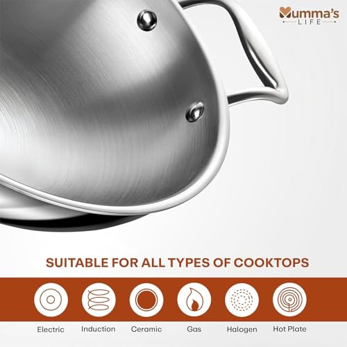 Image of Mumma's LIFE Kadai for Cooking Stainless Steel, 2.3L Triply Stainless Steel Kadai for Cooking with Lid, 22 cm Diameter, 2.5 mm Thick Heavy Bottom for Gas & Induction | Perfect for Deep Frying