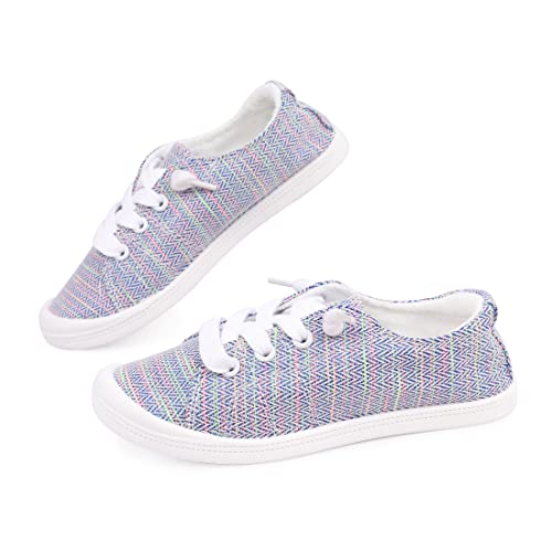 Boy And Girl Slip On Canvas Sneaker, Kids Low Top Casual Fashion Shoes, Comfy Lace Up Walking Shoes (1, Blue Line, 1) #TOP7