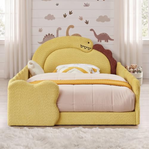 Image of Full Size Kids Bed with Dinosaur Headboard, Upholstered Boucle Fabric Twin Daybed with Slats Support & Side Pocket, Space-Saving Wooden Corner Sofa Couch Day Bed Frame for Girl, Boy, Teenager(Yellow)