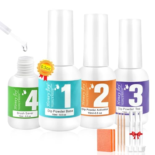 Honey Joy Dip Powder Liquid Set - 4pcs with Activator, Base Coat, Top Coat, and Brush Saver 15ml/0.5Fl.oz for Home DIY Salon Art