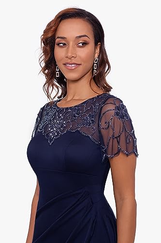 Image of Xscape Women's Long Beaded Sequin Illusion Neckline Jersey Dress (Reg and Petite)