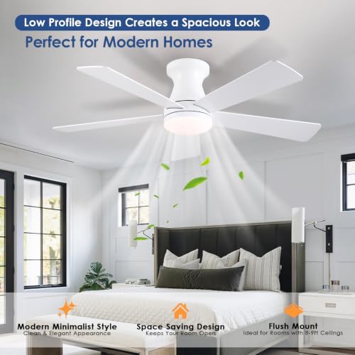 Image of Mpayel 46'' White Low Profile Ceiling Fan with Light and Remote Flush Mount