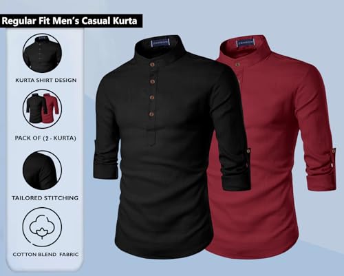 Image of Zombom Men's Combo Cotton Polyester Blend Solid Full Sleeve Straight Regular Fit Mandarin /Chinese Collor Kurta (Pack of 2)