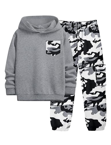 KANGKANG Boys Clothes Two Piece Long Sleeve Hooded Sweatshirt Top Camouflage Sweatpants Fall Outfits Winter Clothes Set 6-16Y