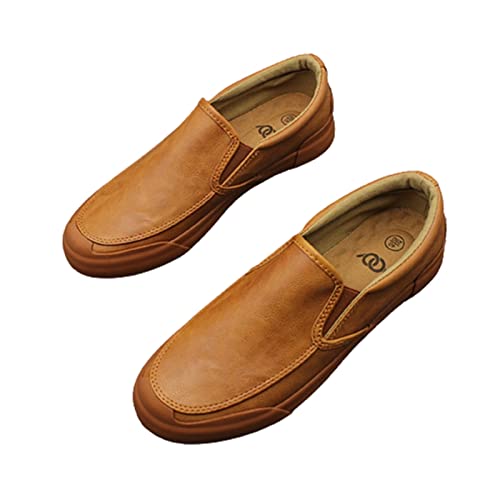 Mens Loafers Stitching Details Round Toe Lightweight Flat Heel Resistant Casual Slip On(Light Brown,10 M US)