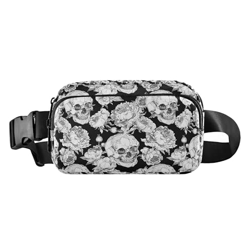 Fashion Waist Pack Crossbody Bags for Women Men with Adjustable Strap, Skull and Flowers Mini Chest Bag Belt Bag for Run Travel Outdoor Cycling Hiking