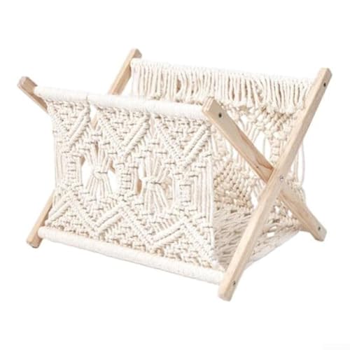 Vilgftyiet Revistero hecho a mano de madera y cuerda de algodón, organizador plegable de macramé y periódicos para sala de estar, dormitorio, oficina o baño, soporte decorativo blanco