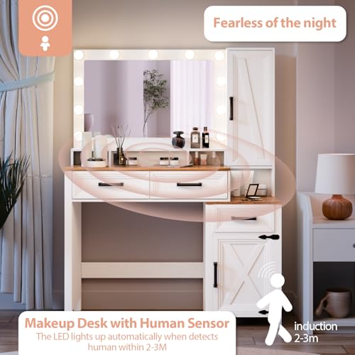 Image of Farmhouse Vanity Desk with 3 Adjustable Light Colors & Power Outlet, White Makeup Vanity Table with Sliding Jewelry Cabinet, Built-in Lipstick Organizer, 3 Drawers & Shelves for the Bedroom