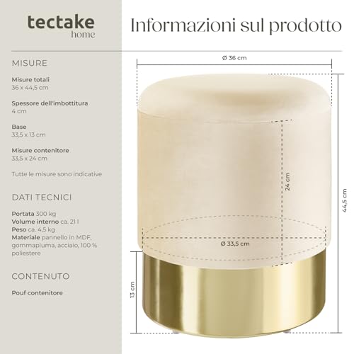 tectake® Sgabello Rotondo in Velluto, Con Scomparto Nascosto, Base in Acciaio Oro, Capacità di Carico 300 kg, Comfort Elevato, Design Elegante per Casa e Ufficio - Bianco Crema - Immagine 2