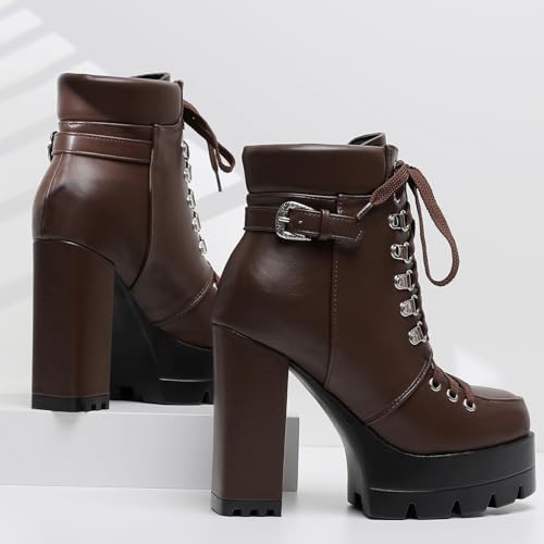 Image of Susanny Sexy High Heels for Women Boots Round Toe Platform Booties Lace Up Suede Side Zipper Ankle Bootie